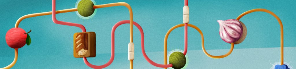 Ilustración que representa alimentos que contienen prebióticos o probióticos